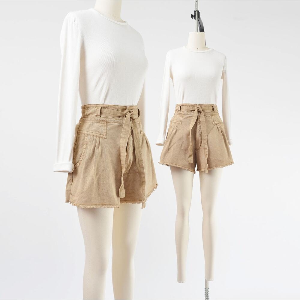 Free People One Penny Tie Waist High Rise Paperbag Shorts in Taupe